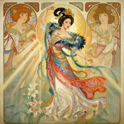chinese taoist fairy goddess played by liu yifei, colorful clothes and feather clothes of the tang dynasty, hyper detailed, character concept, full body, dynamic pose, intricate, lineart, cerpuscular rays, lily flowers. oil painting by yoshitaka amano, alfons mucha, makoto shinkai and john singer sargent. 8 k