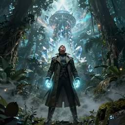 comic book art of a [ man ] in trenchcoat with ( glowing ) [ gloves ] and [ boots ] in a [ jungle ] looking up at a [ tower ] extending into the sky made of crystalized glowing rock,, low angle, artstation illustration, elegant, cyberpunk, volumetric fog, arcane by tim doyle