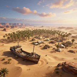oasis in the desert with a grngy shipwreck and a tent town, a wide angle, aerial shot in the morning, with a magnificent sky, canyons in the far background, syd mead, unreal engine 5, artstation, realistic