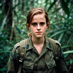 film still, close up, portrait, emma watson soldier hiking through dense vietnam jungle, kodak ektachrome 1 9 7 3,