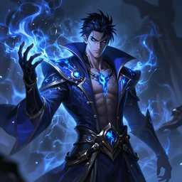 beautiful male necromancer with thunder and smoke and blue fire, attarctive pretty face, anime key visual, highly detailed, sharp focus, concept art, league of legends, style by shumolly and monable and artgerm and greg rutkowski and jo chen and pilyeon and ruan jia and alphonse mucha