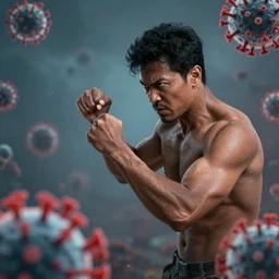 a brown man with black hair fighting a virus, photorealistic