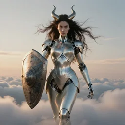 symmetry!! portrait of a beautiful biblical diabolical agile girl holding shield, reflective porcelain skin, light cyborg armor, in clouds, cinematic studio light, windy, sunrise, by gerald brom, by mikhail vrubel, by peter elson, muted colors, extreme detail! trending on artstation, 8 k
