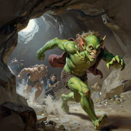 an artists rendering of pete davidson being chased through a cave by a green goblin, by frank frazetta