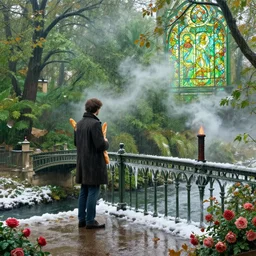 autumn in paris, man with baguette, ornate, beautiful, atmosphere, vibe, mist, smoke, fire, chimney, rain, wet, pristine, puddles, melting, dripping, snow, creek, lush, ice, bridge, green, stained glass, forest, roses, flowers, by stanley artgerm lau, greg rutkowski, thomas kindkade, alphonse mucha, loish, norman rockwell