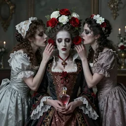 a dead French Queen is haunted by ghostly two servant girls who whisper in her ear, red and white flowers, perfume, baroque, queer