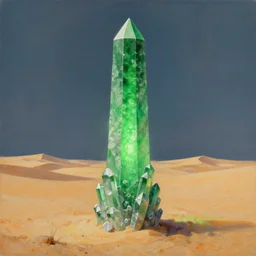 A very highly detailed oil painting by Greg Rutkowski of a tall green obelisk made of crystals, glowing bright green in the middle of a very sandy desert.