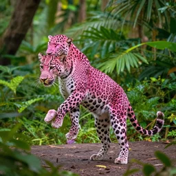 a pink leopard dancing in the jungle