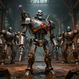 a robot mad scientist overlord laughing maniacally and standing in front of a menacing robot army inside a huge rusty warehouse, raygun gothic, atomic punk, digital art, octane render, 4 k, 8 k, 3 2 k uhd