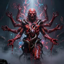 lord loss, king of hell, book portrait, he has having pale red, lumpy skin, eight arms. he has no heart and instead has an open hole in his chest filled with deadly venomous snakes. he has very dark - red eyes with even darker red pupils. instead of having legs, strips of bloody flesh hang, psychedelic symmetric lights and fog, in the style of zdzislaw beksinski, glowing light and shadow, hyperrealist, 8 k