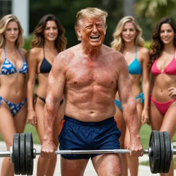 extremely buff Donald Trump, steroids, testosterone, lifting weights, laughing, surrounded by women in swimsuits