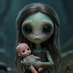 a little alien girl with big sad black eyes and long hair holds a doll in her hands, sci - fi, 3 d, mysterious atmosphere, photorealistic, ultradetails
