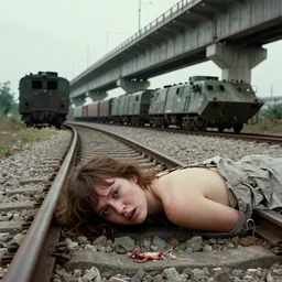 my silent way is to lie along 3 - 4 rail tracks around which sometimes there are abandoned open - type platform wagons for transporting armored vehicles! there is a huge concrete bridge ahead, but before reaching it, my gaze catches a piece of flesh, 3 d close - up angel, fear, arkham, 2 k,
