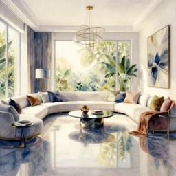 a hiper intricate watercolor of a beauty modern living room, reflexions, intricate details, smooth, by william turner art, by greg rutowski by edmund dulac, by