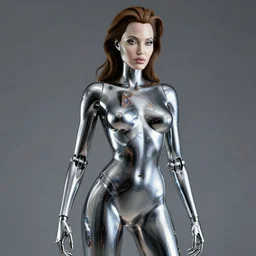 Hajime Sorayama designed Metallic Robot Woman as Angelina Jolie, Studio Lighting. Robot woman’s skin made out of reflective chrome, Hyperreal