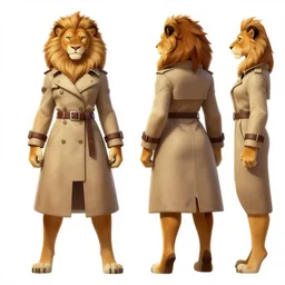 beautiful full body character reference sheet with front, back and side profiles of a strong female anthropomorphic lioness fursona wearing a fantasy trenchcoat with belts, zippers and pouches. character design by disney, anime, manga, charlie bowater, ross tran, artgerm, and makoto shinkai, detailed, soft lighting, rendered in octane