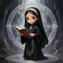 a portrait of girl priestess in black robes, magic book, magic circle, silver magic, god rays, portal background, fantasy, dungeons and dragons, an ultrafine detailed painting, chibi, detailed painting, boris valejo. octopath traveler decal!!!