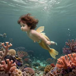 harmony merman brown haired cute jimin, golden fins, under water swimming, colorful coral, muted colors, wlop, james jean, victo ngai, highly detailed, fantasy art by craig mullins, thomas kinkade