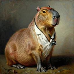 surrealist painting by dali of a doctor capybara wearing a lab coat with a stethoscope around his neck