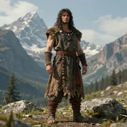 natural light, dissolution filter ,turbulence filter, costume design made by nordic tribes, sophisticated composition, old masters light composition, procedurally generated, epic human character posing for concept art, beautiful mountains behind, substance designer, PBR, HD, Ultra detailed, hyperrealistic, megascans, volumetric light, concept by master artist, made in paint tool SAI2, trending pixiv face