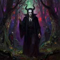the extremely beautiful digital painting of a cult to satan in the forest, h. p. lovecraft, cinematic lights, vivid lighting, fantasy, by tuomas korpi and greg rutkowski and jonas de ro