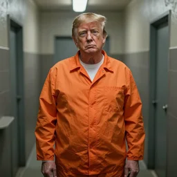 donald trump in prison, orange prisonner uniform, photography, medium shot, filthy and humid prison, natural prison light, by terry richardson
