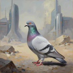 oil painting of a lone pigeon in a futuristic hellscape, 4 k, detailed, realistic