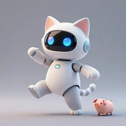 product photo of a futuristic introverted shy cute robot pet cat, asymmetric flowing dancing pose minimalistic cute, by artgerm and greg rutkowski and marc newson and zaha hadid, alphonse mucha, samsung apple webcam, holographic neon eyes, matte glossy materials, otter puppy pig. three quarter view, volumetric light, detailed, octane render, midsommar
