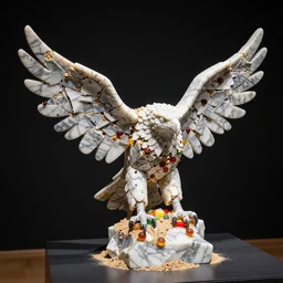 pieces of a ripped flag!!!, marble, saw dust and haribo candy molten and carefully restructured into an abstract!!! sculpture of a hawk, museum display, black backdrop, high contrast, award winning photo, dslr, high quality
