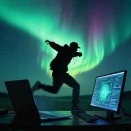 rapping into computer, silhouette, light show, outrun, hip hop, digital art, Aurora borealis, trending on Artstation, professional artist, detailed, 4k
