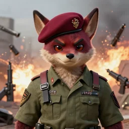 beautiful portrait commission of a male furry anthro!!! fruit bat wearing military clothes and a maroon beret. Active Warzone with guns and explosions Atmospheric. Character design by charlie bowater, ross tran, artgerm, and makoto shinkai, detailed, inked, western comic book art. male furry anthro!!! fruit bat