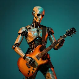 portrait of a medieval cyborg dj with a guitar at a rave, by hans bellmer, teal orange, studio light, cinematic light