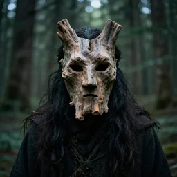portrait of a forest hermit wearing a driftwood mask in an ominous forest, photography