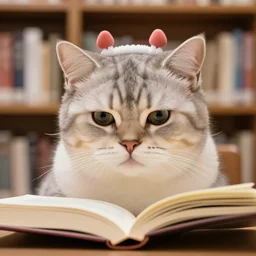 portrait photography of a single cat studying in a library, confused reading a book, studio lighting, wearing cute accessories, face shot, highly detailed fur, trending on pinterest.