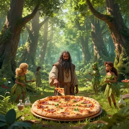 beautiful digital fantasy illustration of a pizza shaman!!, the trees of a green woodlands glistens as the morning sun touches its leaves with her gentle rays. dryads of various ages walk through the forest, collecting to make into potions by alena aenami and arthur adams, octane render, detail texture, unreal engine, 8 k