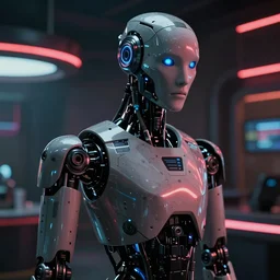 film still of closeup sleek futuristic humanoid robot in blade runner 2 0 4 9, lobby, cinematic, moody, gritty neon noir by emmanuel lubezki