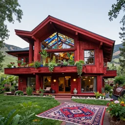 exterior of a psychedelic modern ecopunk frank lloyd wright shotgun house mansion made entirely of redwood in the mountain valley of colorado, lots of plants and stained glass ceilings and persian rugs