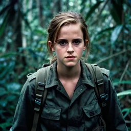 film still, close up, portrait, emma watson soldier hiking through dense vietnam jungle, film still from apocalypse now ( 1 9 7 9 ), 2 6 mm, kodak ektachrome, blue tint ektachrome film,