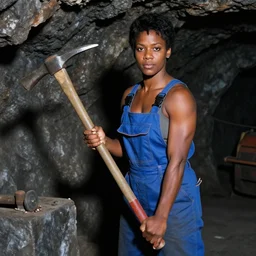 90's professional color photograph, A very muscular miner black woman in blue, short black hair, wielding a pickaxe in the mine.