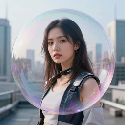 photographic portrait of a techwear woman inside floating bubble, closeup, on the rooftop of a futuristic city, sigma 85mm f/1.4, 4k, depth of field, high resolution, 4k, 8k, hd, full color
