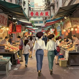 the bustling market of hong kong, by hayao miyazaki