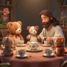 a wholesome illustration of a stuffed animal tea party with Jesus, studio Ghibli,  Pixar and Disney animation, sharp, Rendered in Redshift and Unreal Engine 5 by Greg Rutkowski, Bloom, dramatic lighting