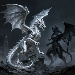 a silver dragon fighting a night, concept art, fantasy