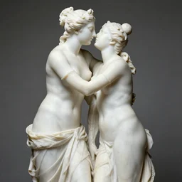 sculpture of venus de milo and aphrodite kissing, hyperrealistic style in carrara marble