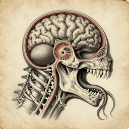 hyper-detailed antique color pencil vintage medical illustration of Kaiju head cross-section, nautilus brain, ribcage, xhenomorph, with tentacles coming out of open mouth and exposed jaw bone, spinal column, cerebral corpus callosum, interventricular foramen, symmetrical, on weathered parchment paper