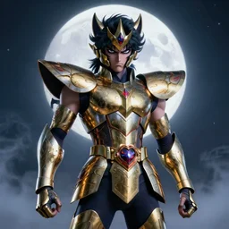 full shot portrait of angry darkness Saint Seiya knight at moonlight, wearing golden and silver Cat armor, inspired by Tim Burton, Masami Kurumada, detailed, unreal engine 4k volumetric light, fog,