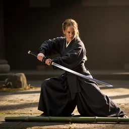 Jennifer Lawrence as a Japanese swordswoman with a katana, slicing through a bamboo stick