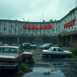 the exterior of an abandoned a shopping center with furniture and everything in deterioration, in the rain and with wrecked cars outside and weeds growing on the walls, style artstation, style greg rutkowsk, comic art book,, octane render, unreal engine 6, epic game graphics, fantasy, ciberpunk, post - apocaliptic, ray tracing