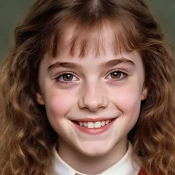 close up portrait of 1 5 - year - old girl, smile with large front teeth, hermione granger, very bushy brown hair, and very bright brown eyes, wearing white shirt, hyper realistic face, beautiful eyes, close up, fantasy art, in the style of greg rutkowski, intricate, alphonse mucha, hyper detailed, smooth