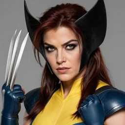 beautiful female classic wolverine, claws, detailed perfect face, exquisite details, high quality, intricate clothing, marvel comics, x - men, yellow and blue suit, mid view, batman pose, studio muti, greg rutkowski makoto shinkai takashi takeuchi studio ghibli
